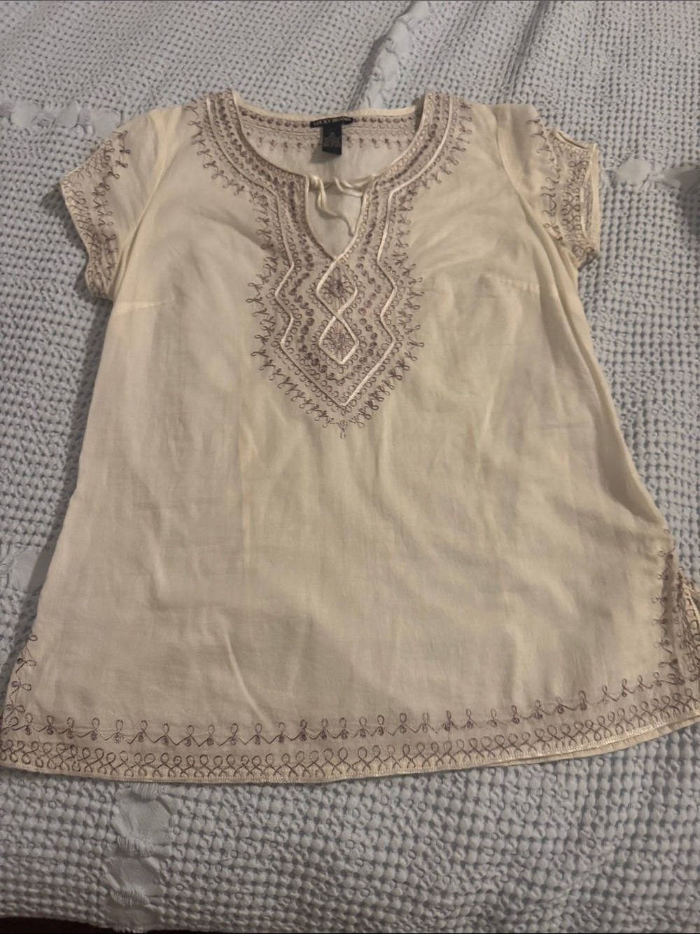 Lucky Brand Cream Short-Sleeve Embroidered Tunic